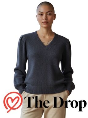The Drop Black V-Neck Puff Shoulder Sweater (M)